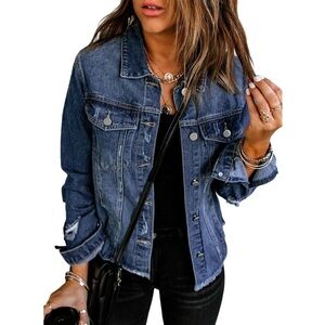 Jean Jacket - Ripped Distressed Fringe Denim Jacket with Pockets - Size L